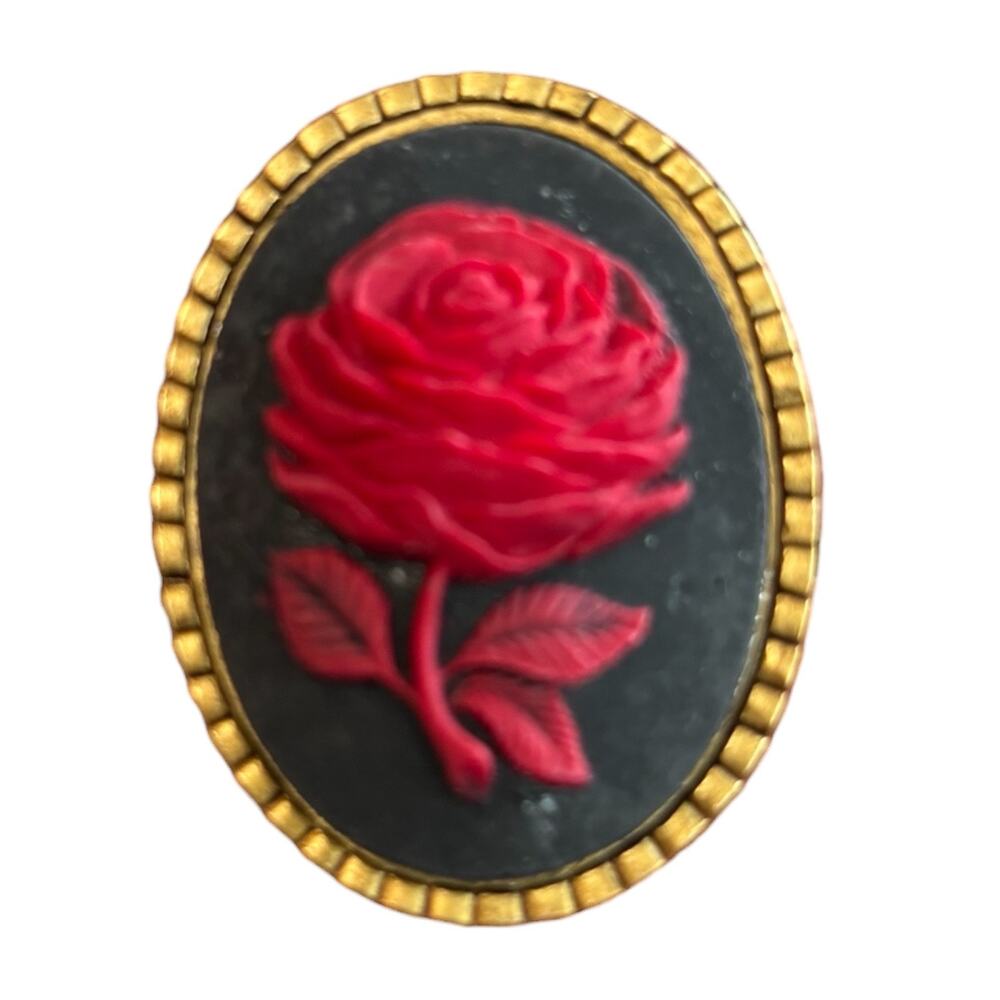 Velvet Red Rose Cameo Brooch Black Gold Gothic Romance Pin - Picture 8 of 8
